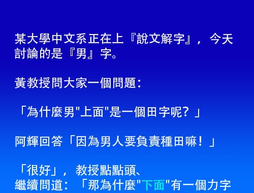 教授讓人回答,「男」字下面的「力」代表甚麼意思呢!?